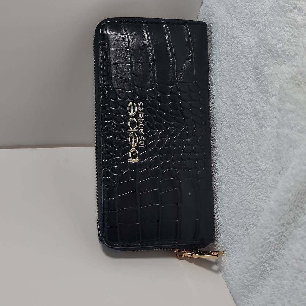 bebe Black Croc-Embossed Zip Wallet with Gold Logo
